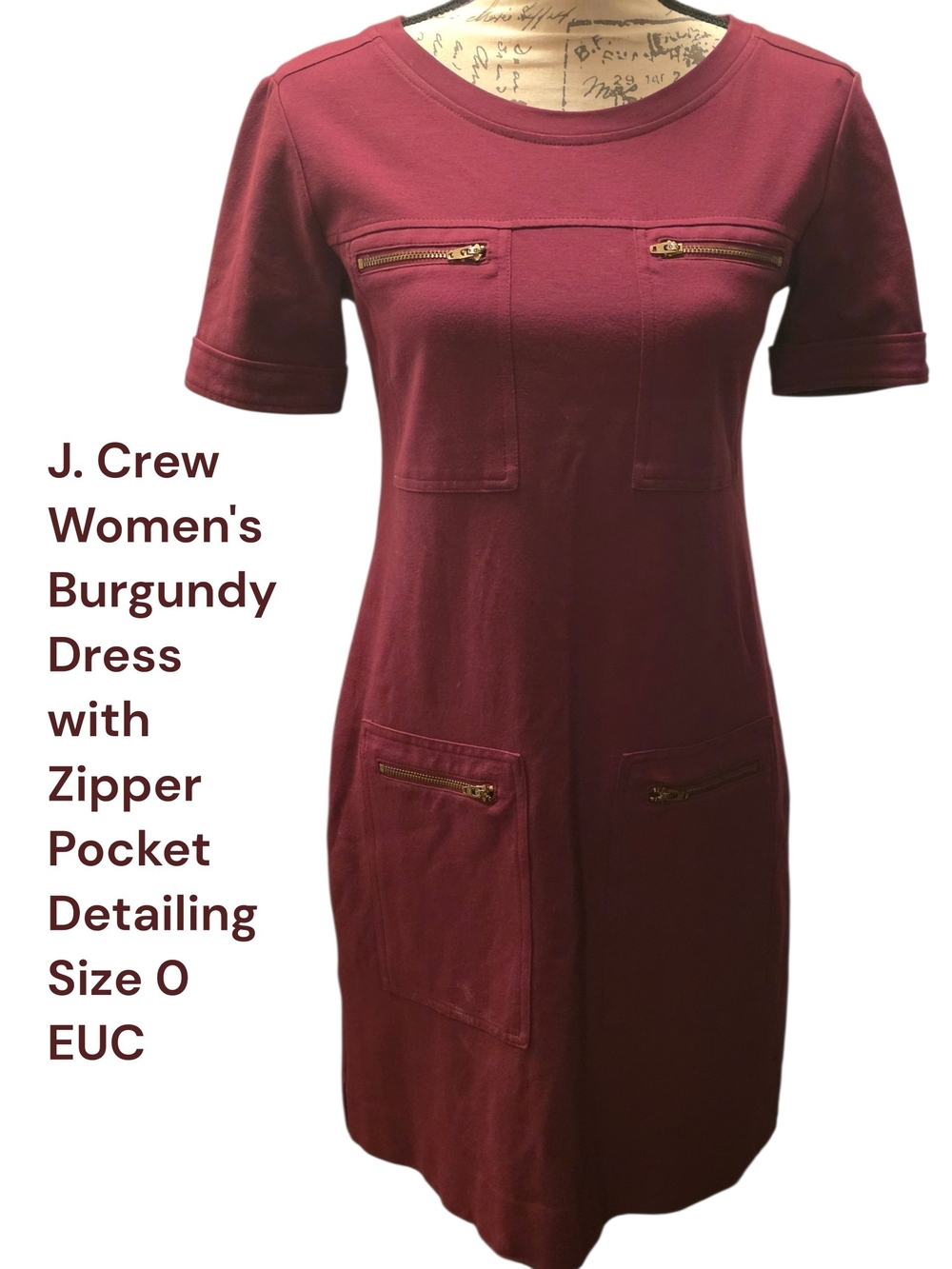 J. Crew Burgundy Short-Sleeve Shift Dress with Zipper Pockets